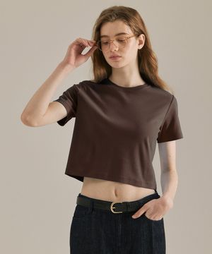 우먼 라운드 크롭 반팔티셔츠 브라운 LATS0202
