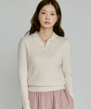 여성 케이블 슬릿넥 니트 [라이트 베이지]_ZF4SW515