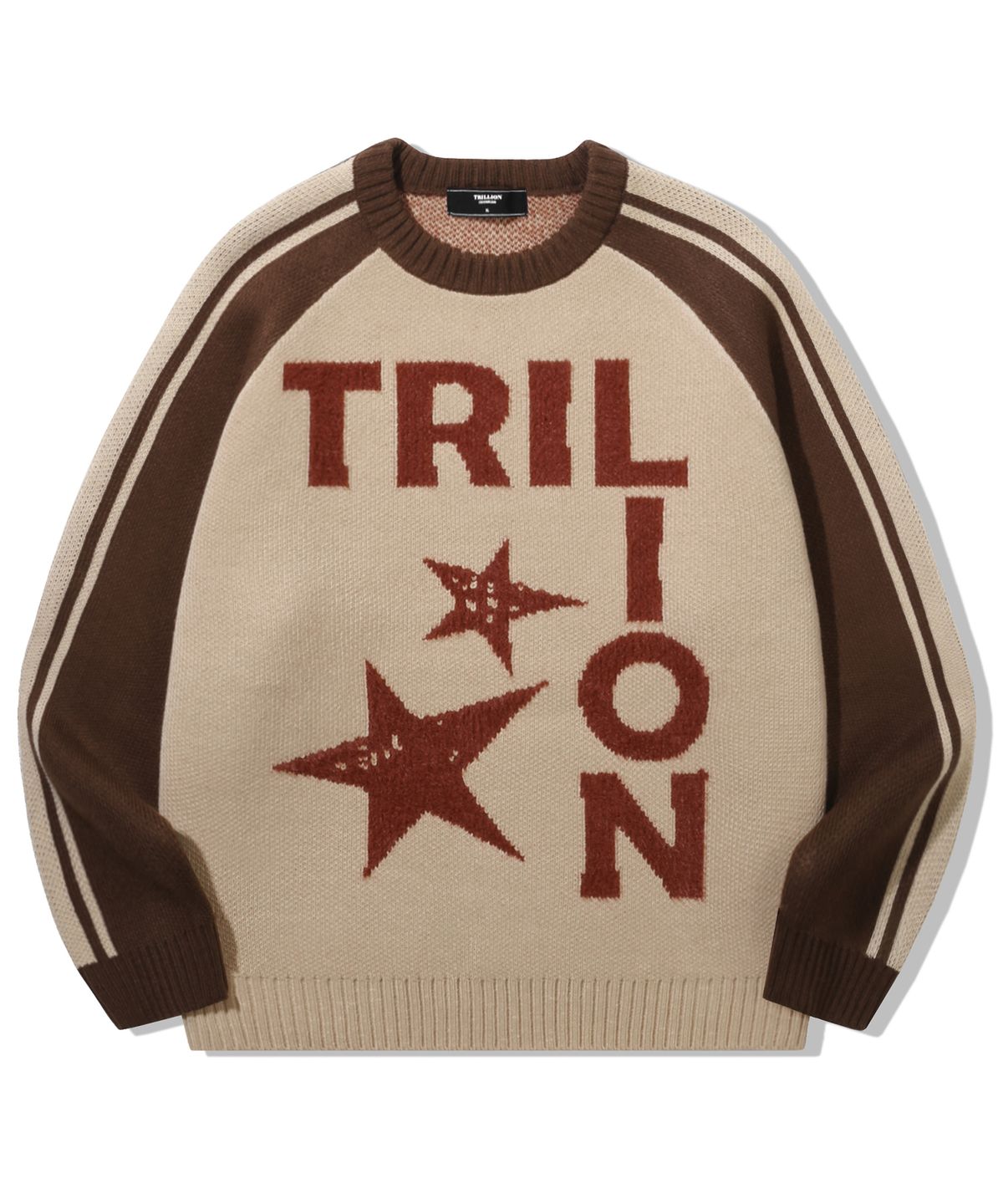 트릴리온(TRILLION) 워셔블 레글런 헤어리 그래픽 트랙 니트_베이지