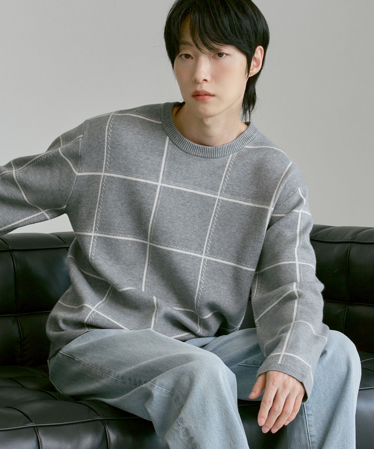 210에디트(210EDIT) 버드아이 말랑쫀득 라운드 빅체크 니트 [체크 그레이]_ZF4SW071
