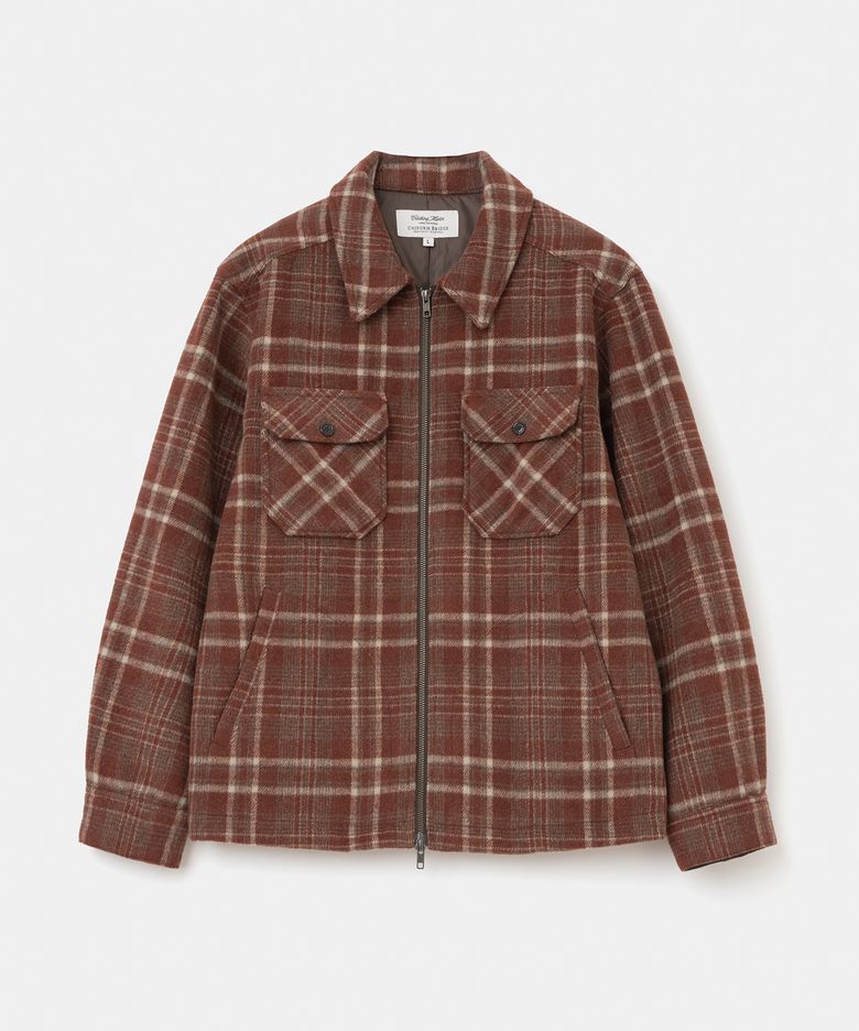 wool check zip-up jacket red