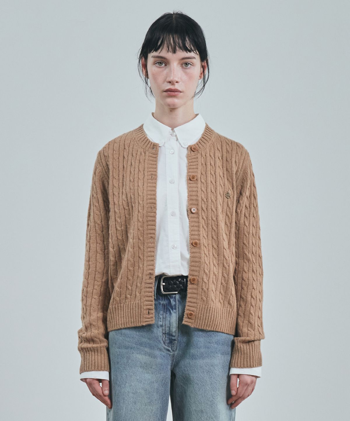 유니폼브릿지(UNIFORM BRIDGE) cashmere blended cable knit cardigan(womens) camel