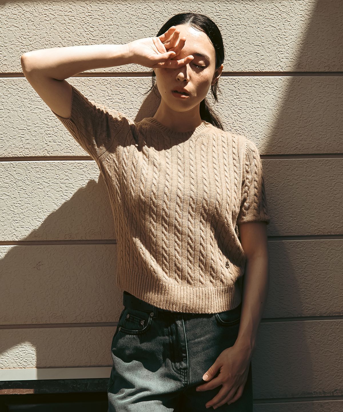 유니폼브릿지(UNIFORM BRIDGE) cashmere blended cable half knit(womens) camel
