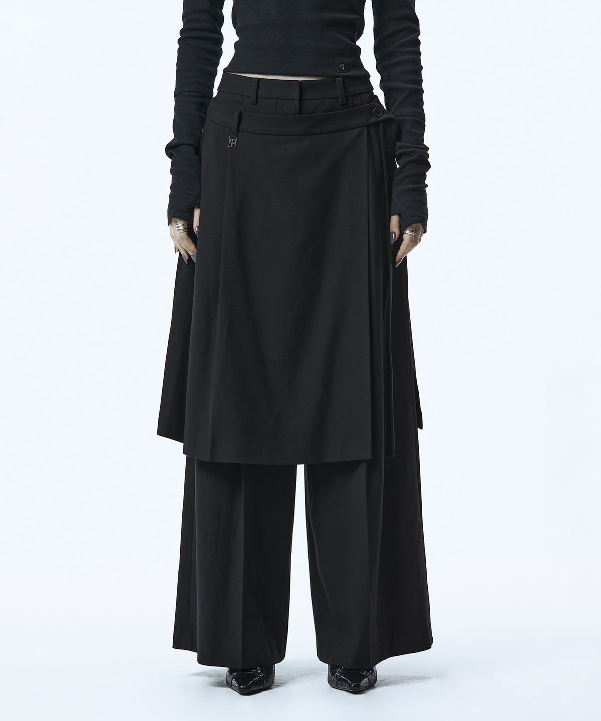 트리밍버드(TREEMINGBIRD) Overlap Set-up Pants [ Black ]