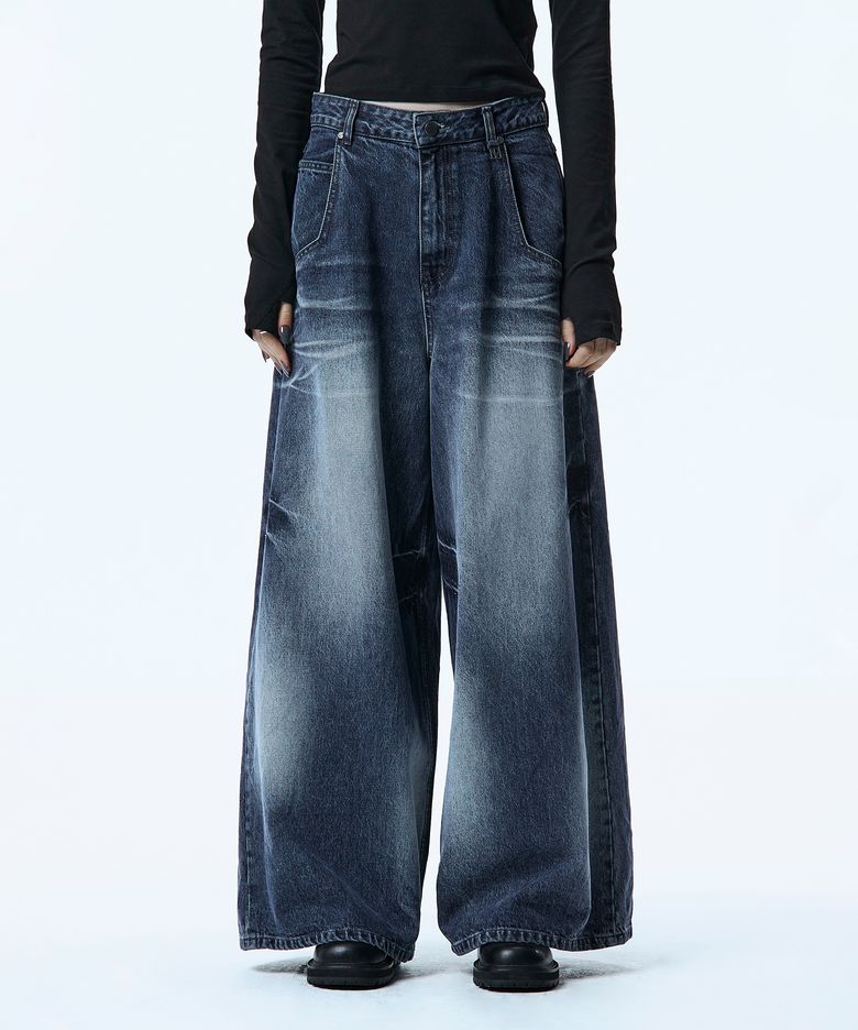 Handcrafted Faded Denim Pants [ Blue ]