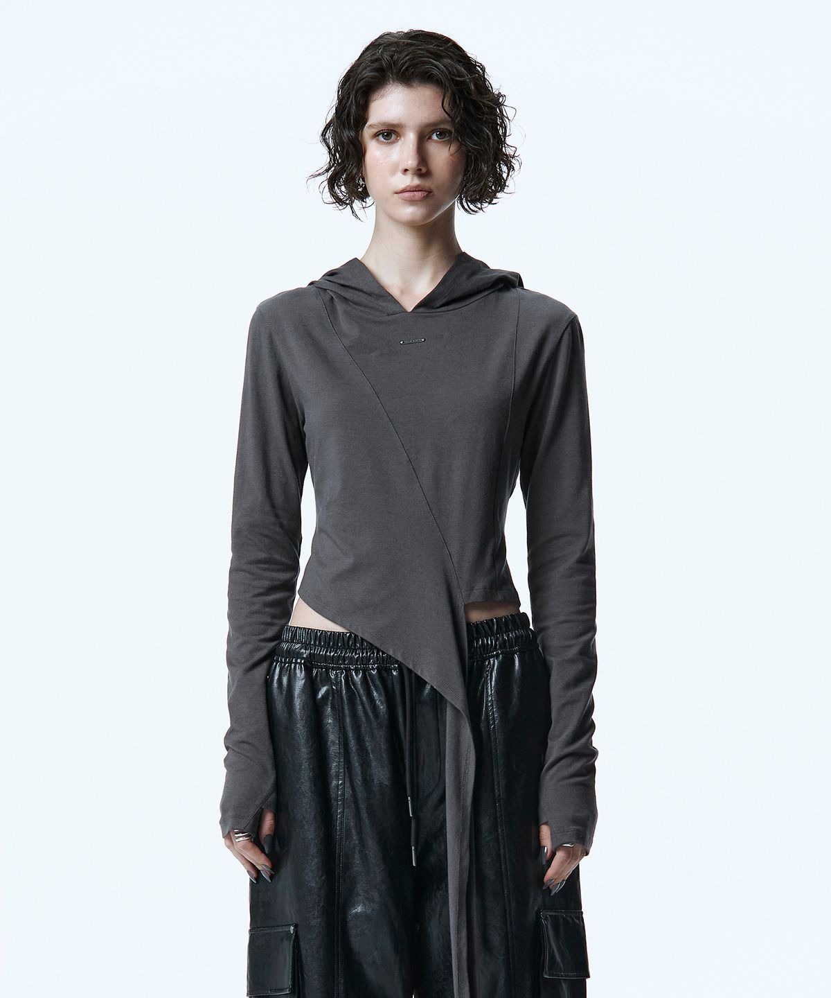 트리밍버드(TREEMINGBIRD) Tie Long Sleeve Hoodie [ Charcoal ]