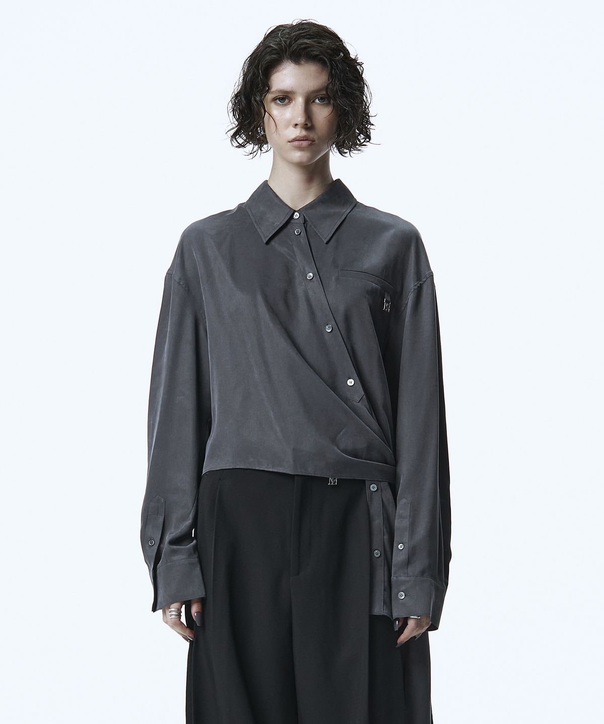 트리밍버드(TREEMINGBIRD) Asymmetric Wrap Tie Shirt [ Gray ]