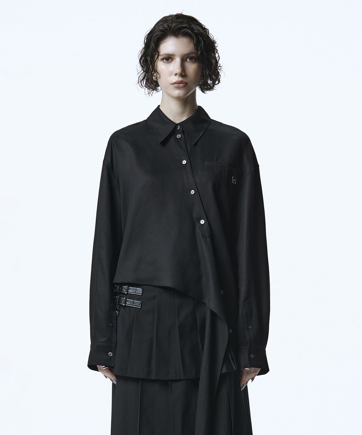 트리밍버드(TREEMINGBIRD) Asymmetric Wrap Tie Shirt [ Black ]