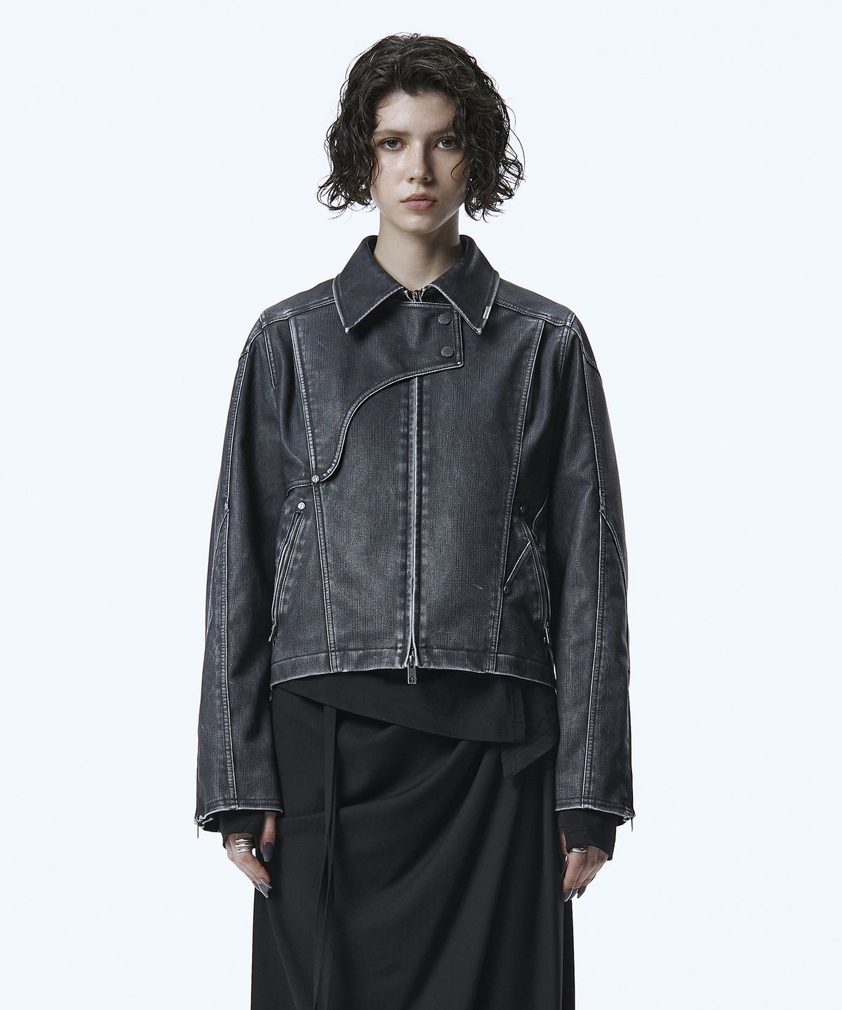 트리밍버드(TREEMINGBIRD) Vintage Washed Leather Jacket [ Navy ]