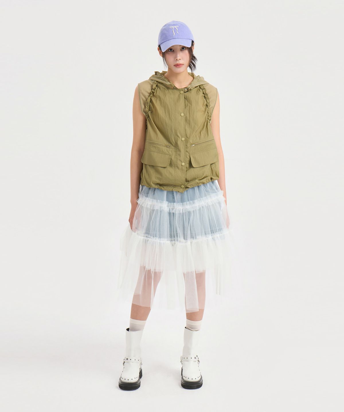 럭키슈에뜨(LUCKY CHOUETTE) String Detail Hoodie Vest (olive) LFVAM25600OLV