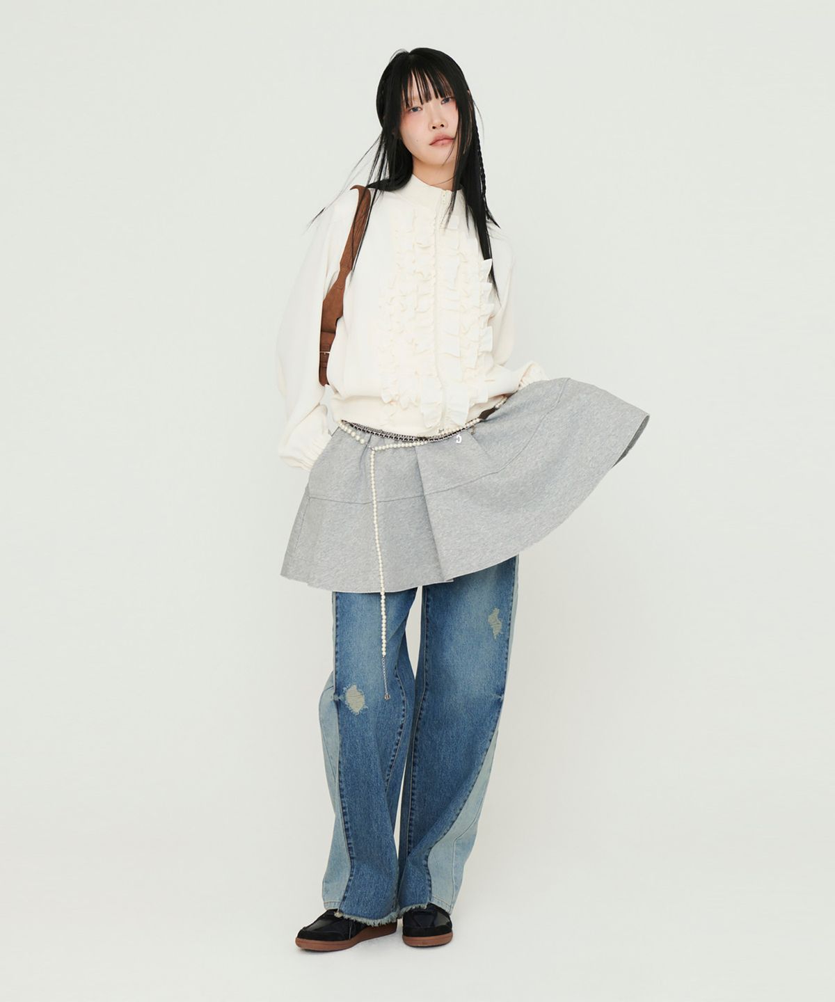 럭키슈에뜨(LUCKY CHOUETTE) Jersey Banding Mini  Skirt (melange grey) LFKAM25230GYX
