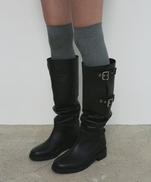 LEATHER BUCKLE LONG BOOTS_BLACK