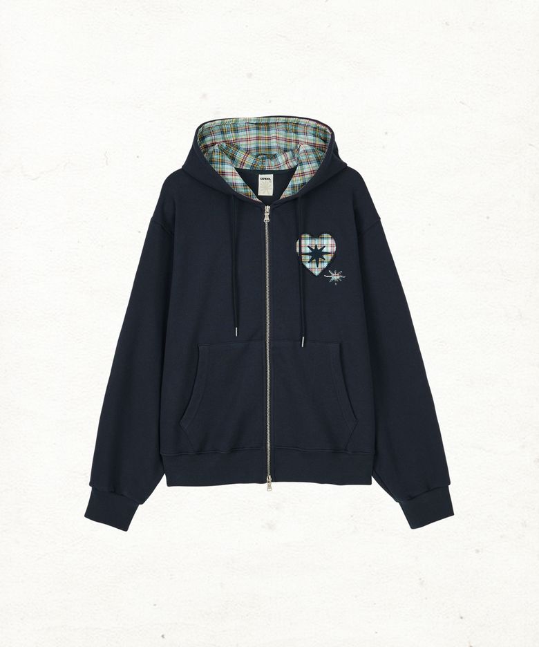 DD heart check lining hoodie zip-up (NAVY)