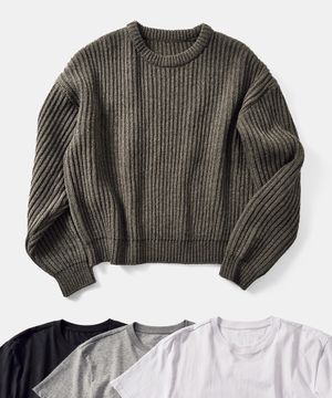 [2PACK] 울 크롭 니트 카키멜 (+솔리드 크롭 티셔츠 증정)