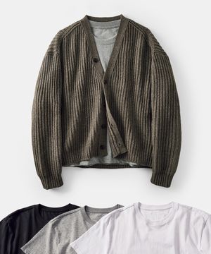 [2PACK] 울 브이넥 크롭 가디건 카키멜 (+솔리드 크롭 티셔츠 증정)