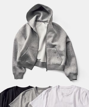 [2PACK] 크롭 네오프렌 후드집업 멜란지그레이 (+솔리드 크롭 티셔츠 증정)