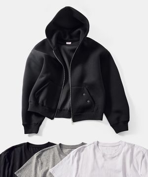 [2PACK] 크롭 네오프렌 후드집업 블랙 (+솔리드 크롭 티셔츠 증정)