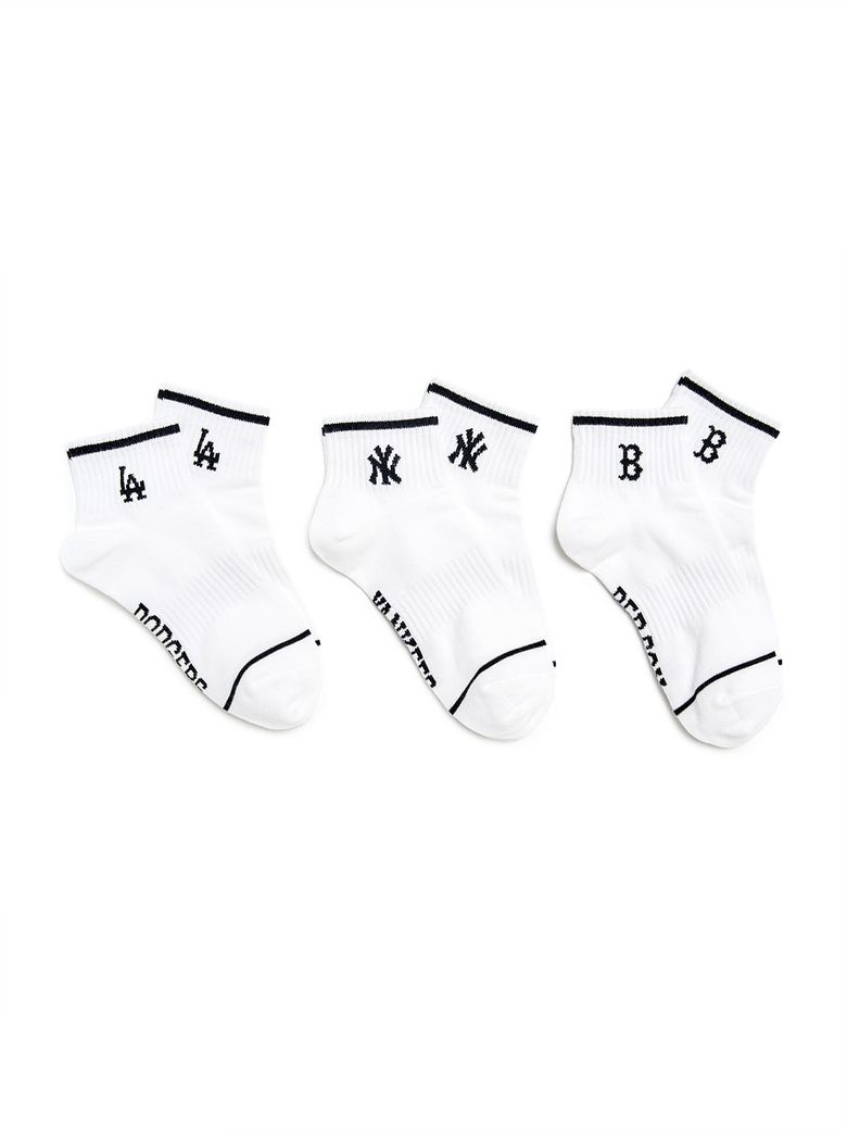 스트라이프 스몰 로고 발목 양말 3족세트 MLB (White)