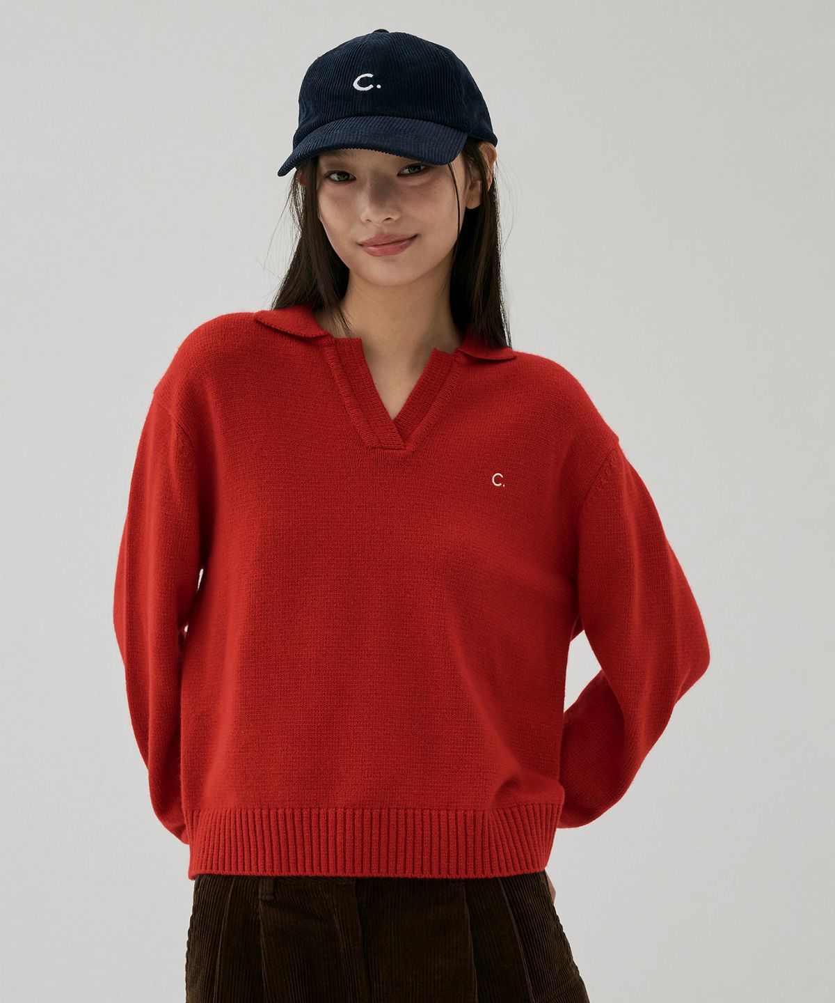 클로브(CLOVE) [25FW clove] Open-Collar Knit Sweater (Red)