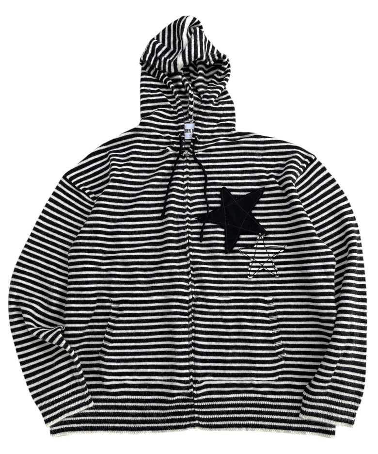 Double Stars Stripe Knit Hood Zip-Up ((black))