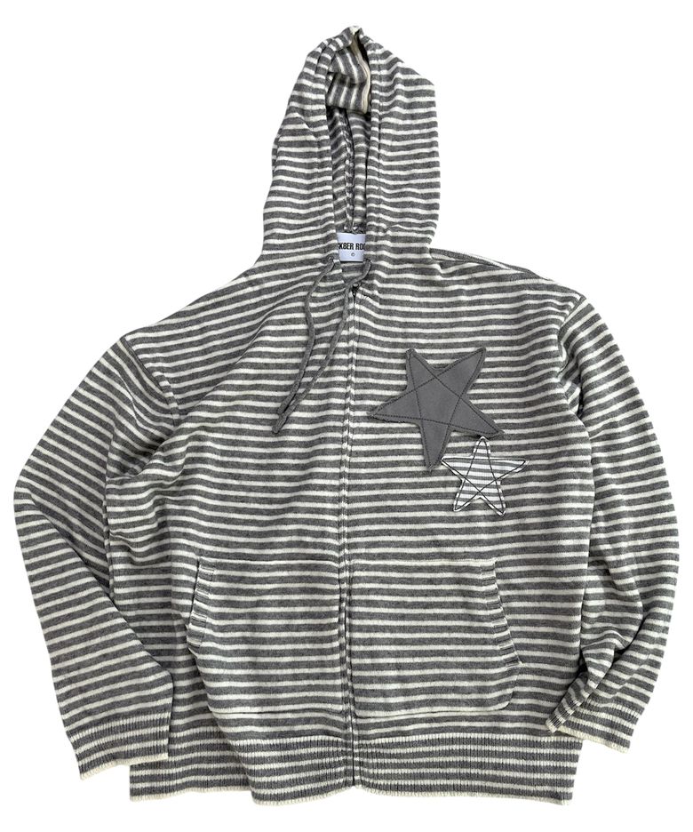 Double Stars Stripe Knit Hood Zip-Up ((gray))