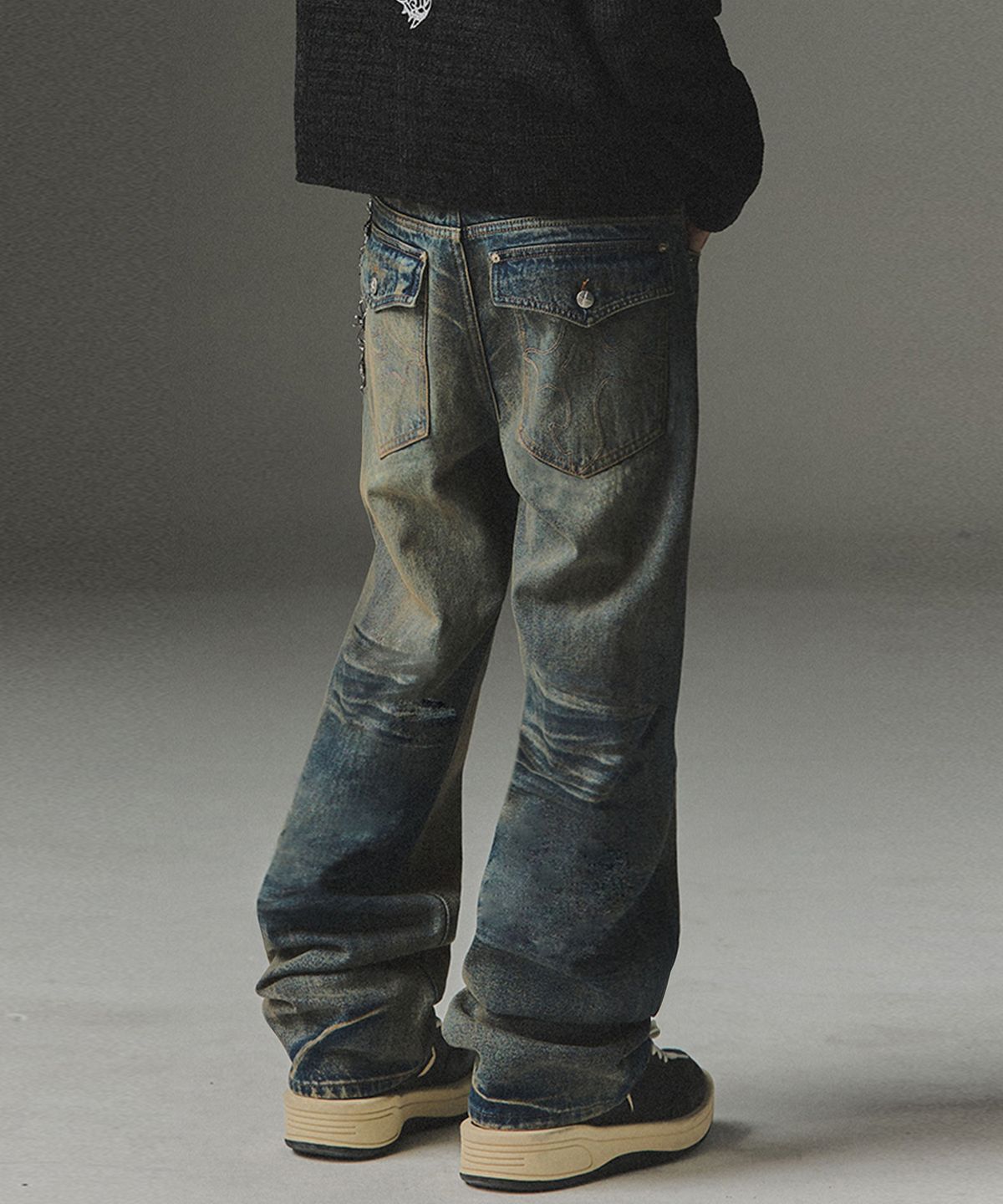 낫포너드(NOT4NERD) Symbol Stitch Low Rise Flare Fit Denim Pants - Deep Blue