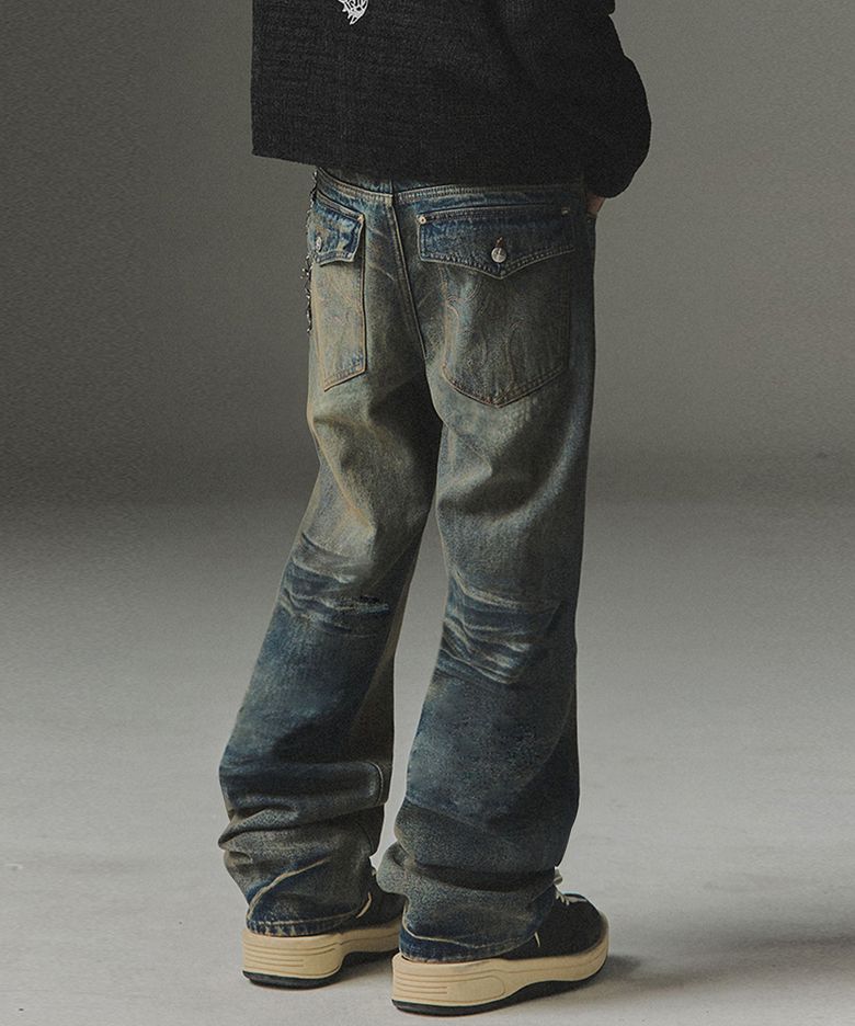 Symbol Stitch Low Rise Flare Fit Denim Pants - Deep Blue