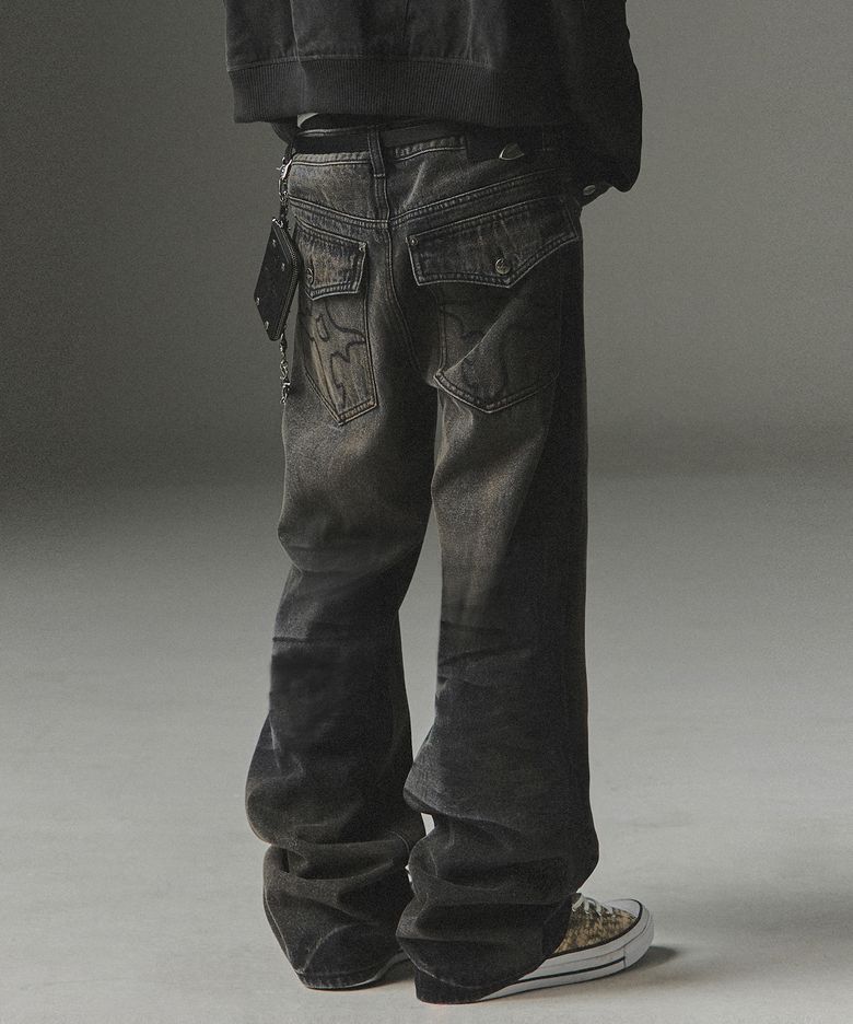 Symbol Stitch Low Rise Flare Fit Denim Pants - Black