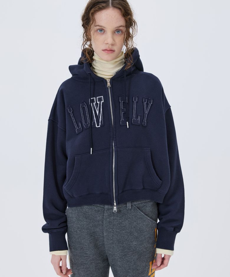 [기모] LONELY/LOVELY CROP HOODIE ZIP-UP NAVY