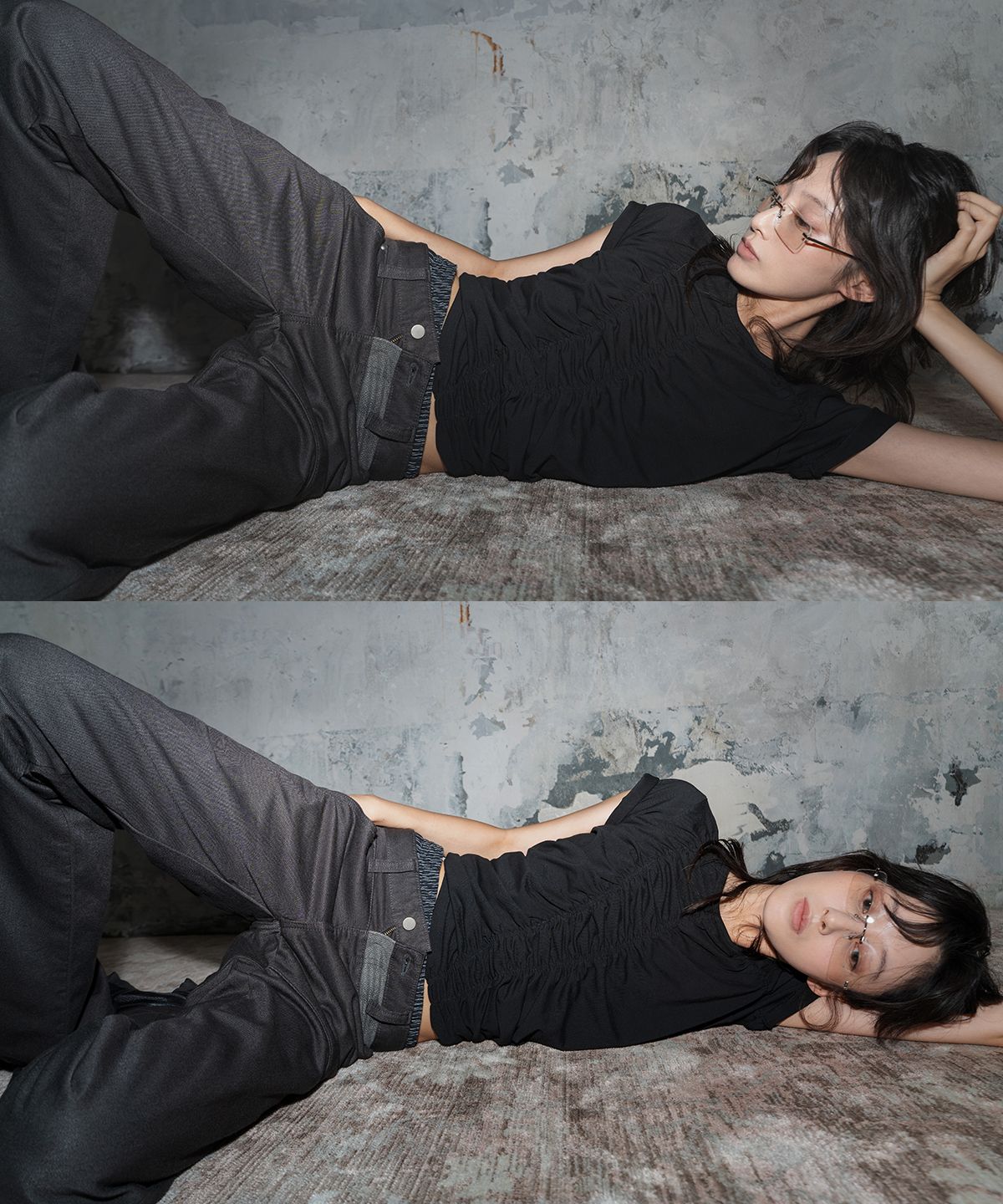 모산(MOSAN) RUCHED SHORT-SLEEVE T-SHIRT (BLACK)