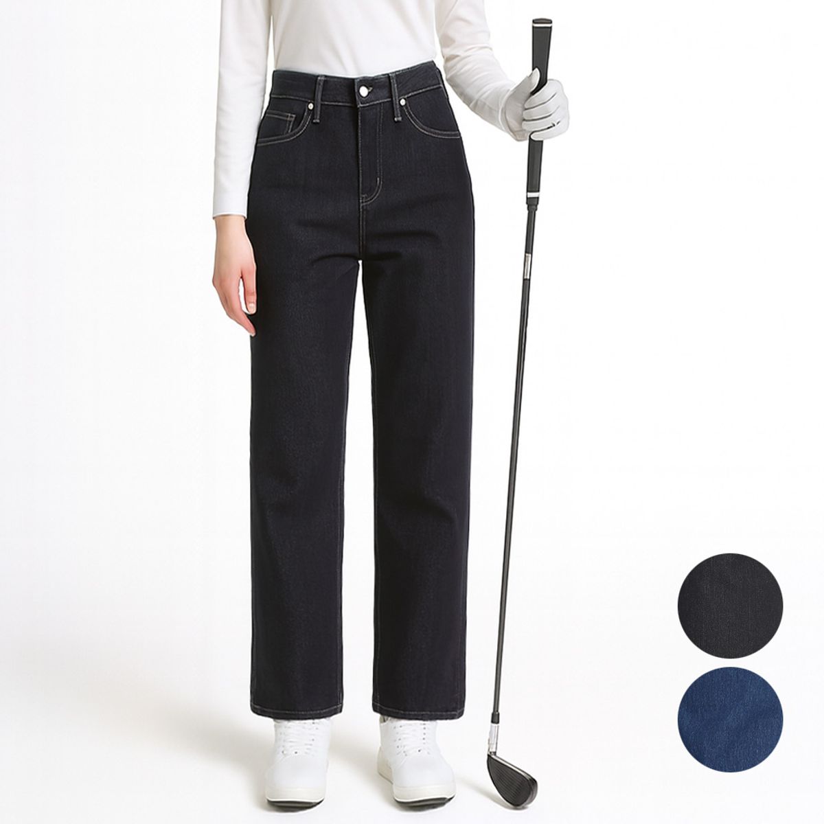 김영주 골프(KIM YOUNG JOO GOLF) 봄가을 세미와이드 데님 팬츠 뒷밴딩 여성 골프 청바지 DPFLJN33