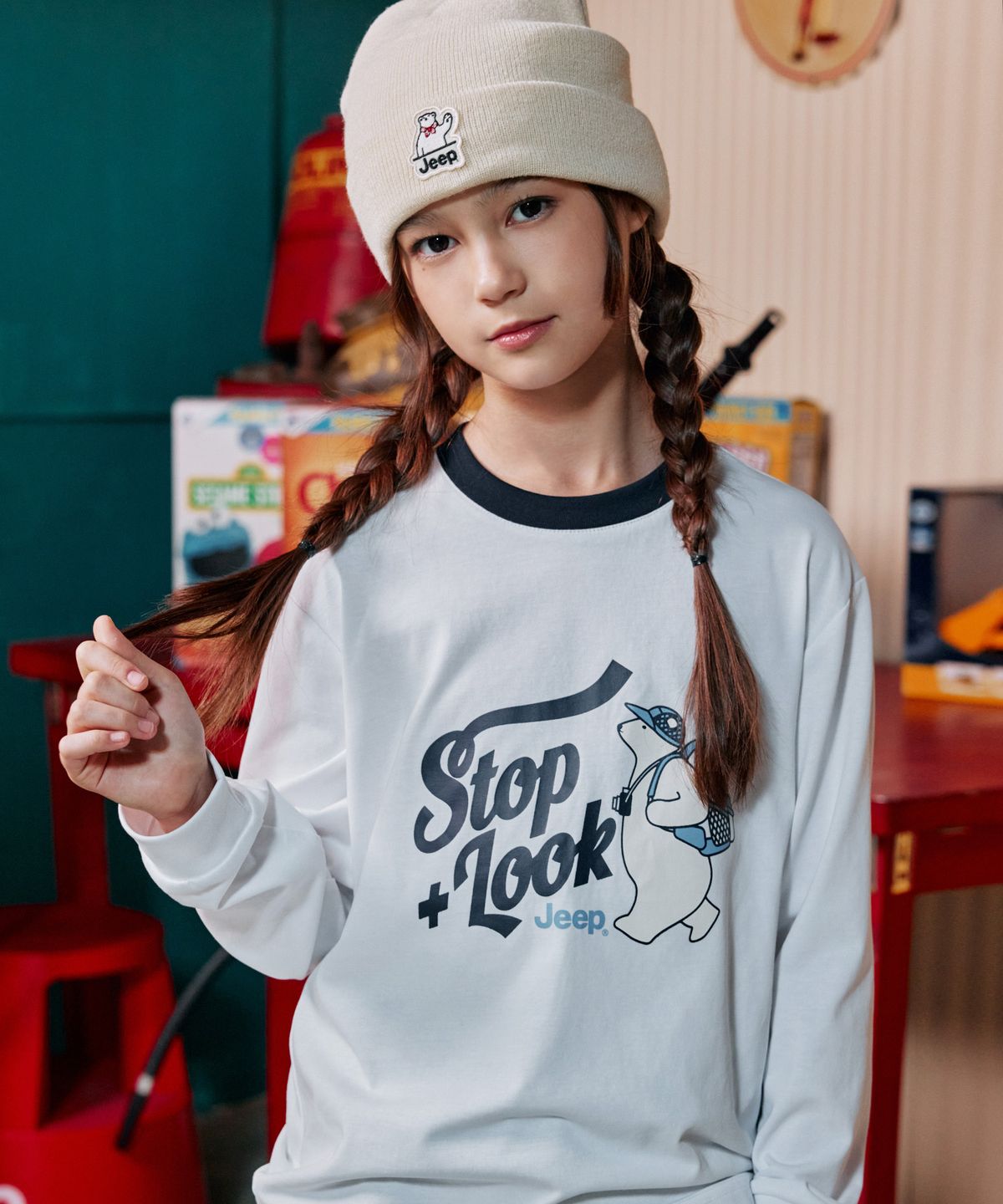 지프키즈(JEEPKIDS) 워킹베어 링거 티셔츠(KQ5TSU061WH)