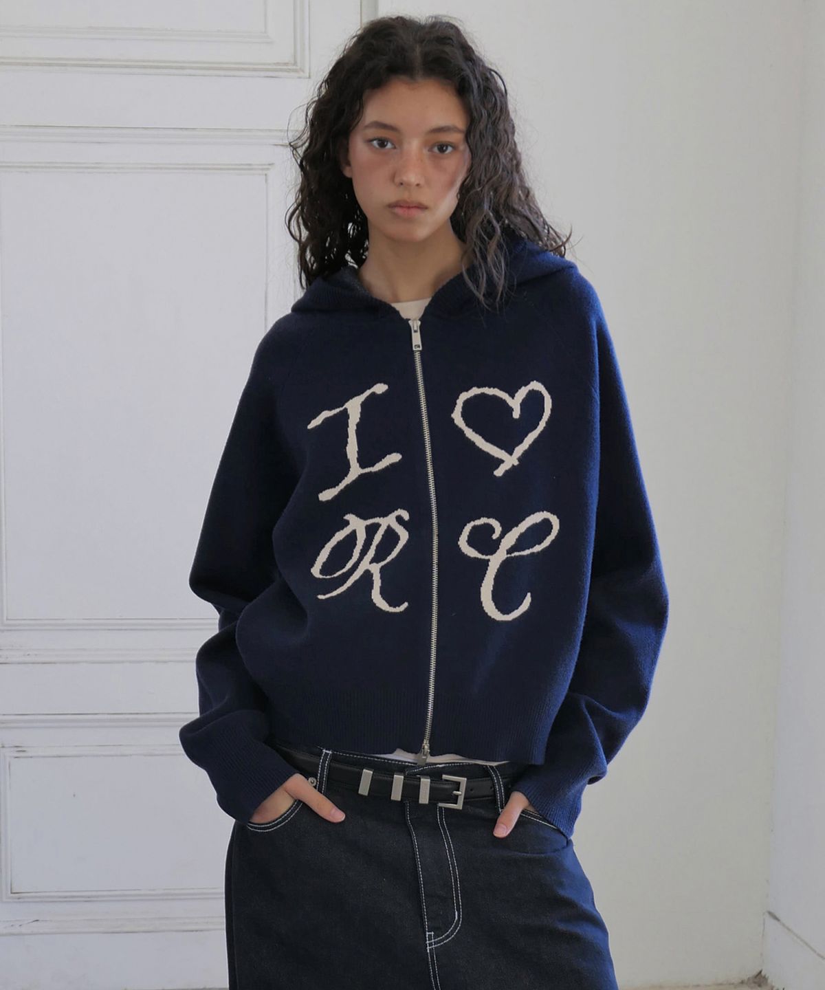 락케이크(ROCKCAKE) Heart Knit Zip Up Hoodie - Navy