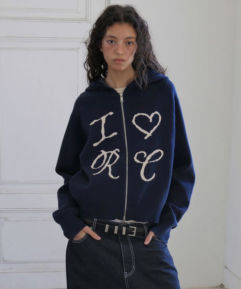 Heart Knit Zip Up Hoodie - Navy