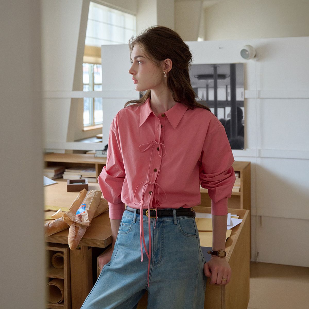 심플레트로(SIMPLE RETRO) SR_Lace-up bow cotton shirt_4color