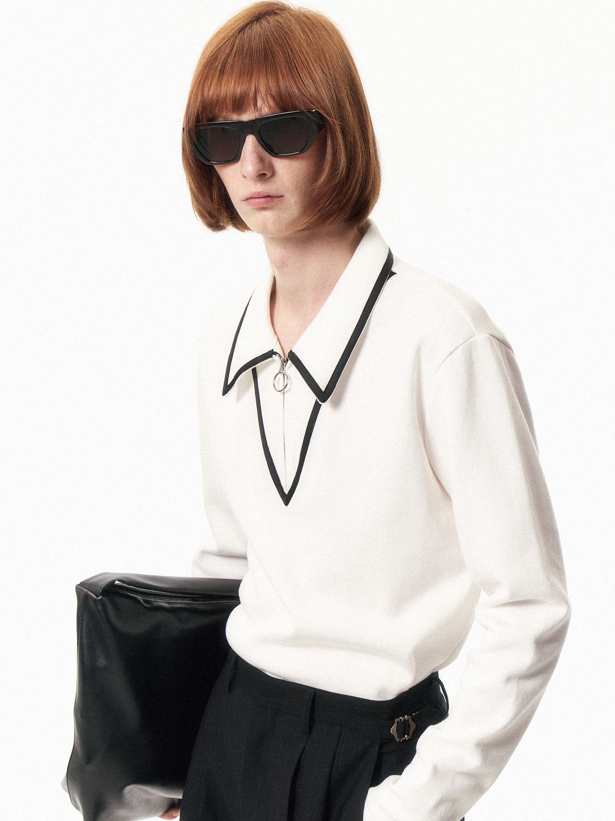 쿠르베(COURBE) Long Sleeve Zip Polo Shirt (White)