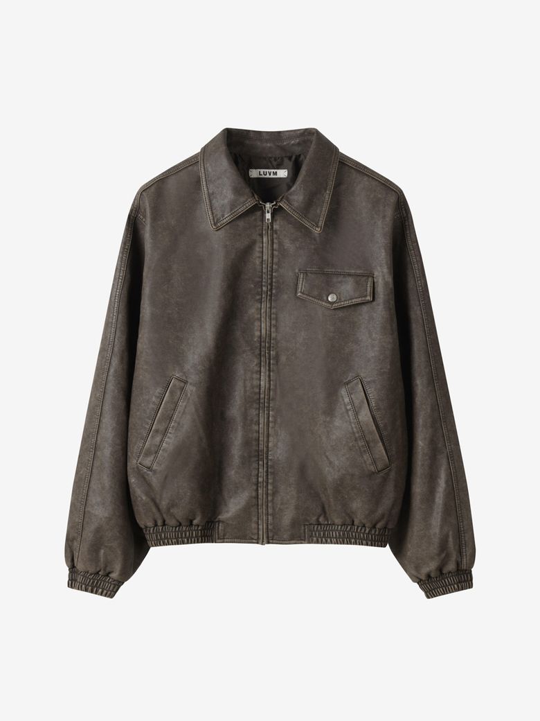 FAKE LEATHER ZIP-UP JACKET_BROWN