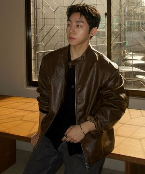 오버핏 미니멀 레이싱 바이커 블루종 레더 자켓 [브라운]