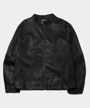 오버핏 미니멀 레이싱 바이커 블루종 레더 자켓 [블랙]