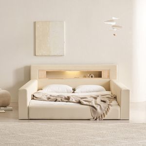 포레티 편백나무 LED조명 가드형 가죽 침대(매트제외-퀸)