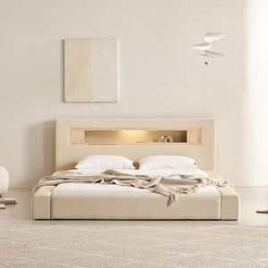 포레티 편백나무 LED조명 오픈형 가죽 침대(파워 본넬스프링 매트리스-퀸)