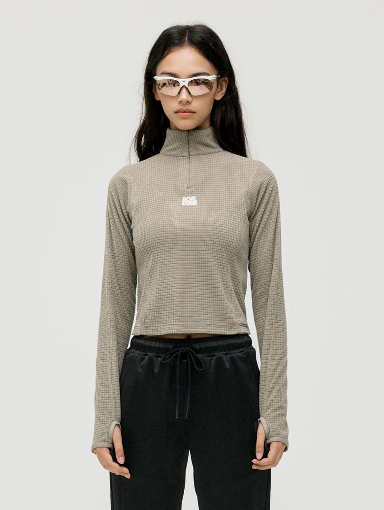 WS GRID FLEECE QUARTER ZIP-UP TEE-DARK BEIGE