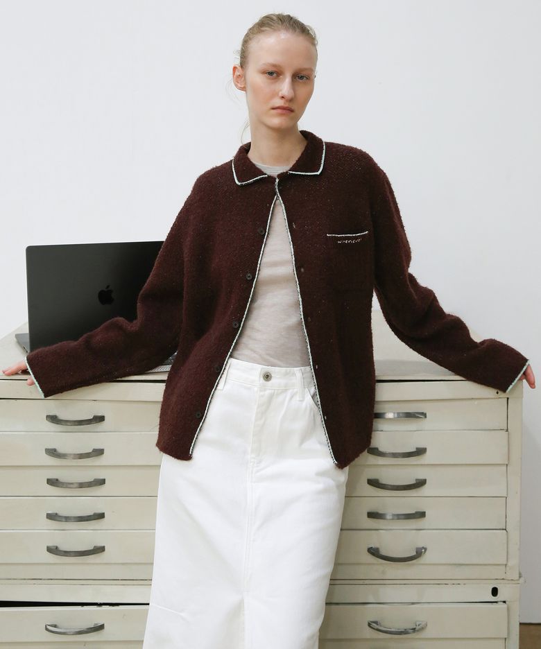 Double Jacquard Knit Cardigan - Dusky Burgundy