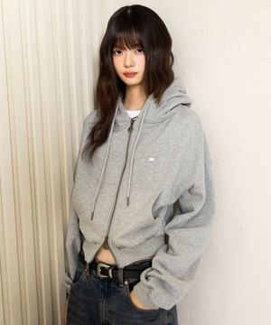 2WAY 엔틱 스몰 로고 크롭 후드 집업_멜란지