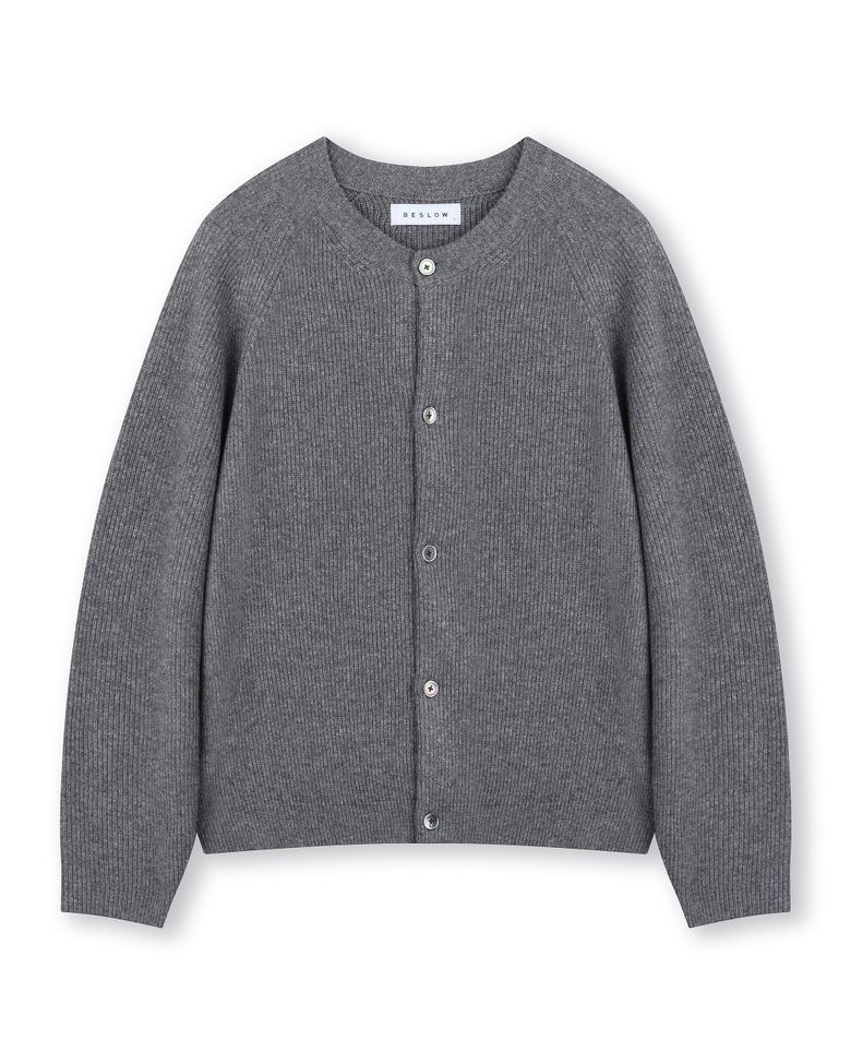 CASHMERE BLENDED CREW NECK CARDIGAN GREY