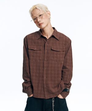 텍스쳐 크롭 체크 셔츠-브라운