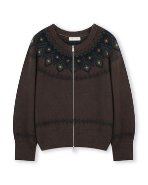 NORDIC KNIT CREW NECK ZIP-UP CARDIGAN BROWN