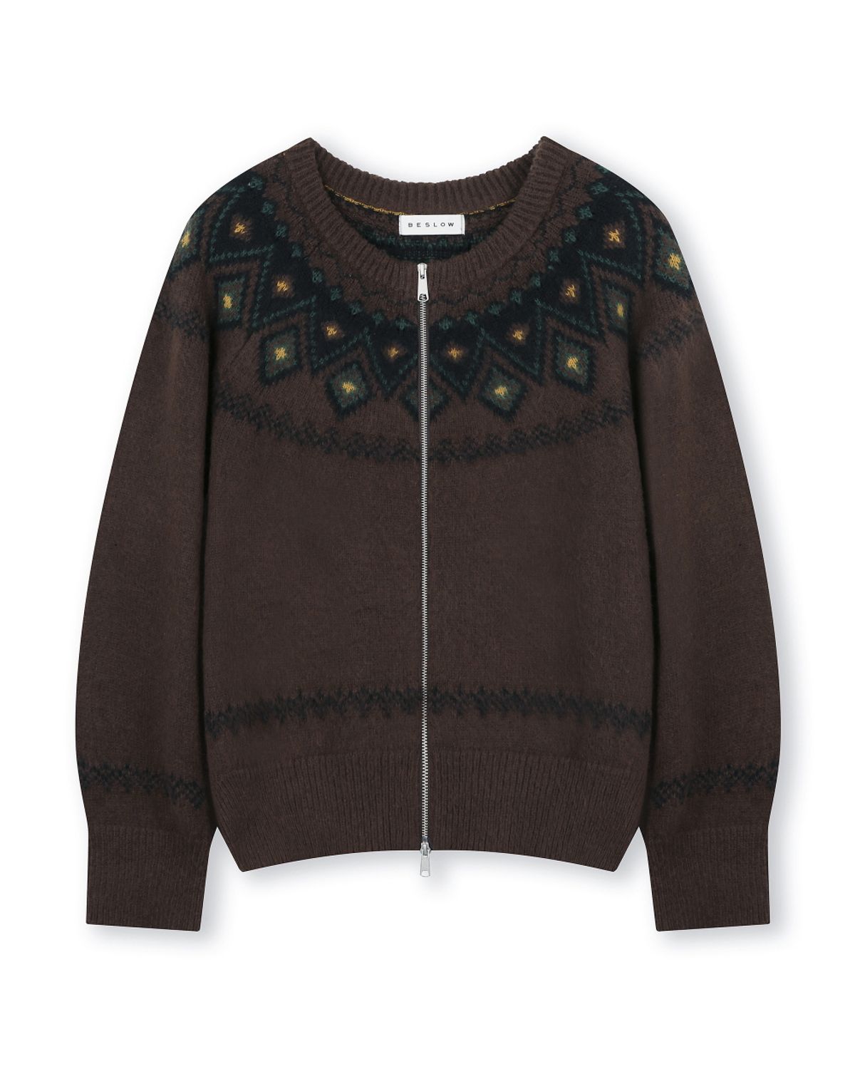 비슬로우(BESLOW) NORDIC KNIT CREW NECK ZIP-UP CARDIGAN BROWN