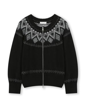 NORDIC KNIT CREW NECK ZIP-UP CARDIGAN BLACK