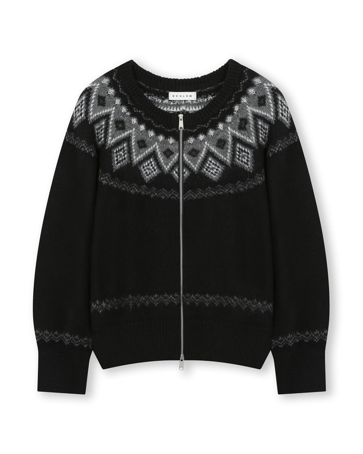 비슬로우(BESLOW) NORDIC KNIT CREW NECK ZIP-UP CARDIGAN BLACK